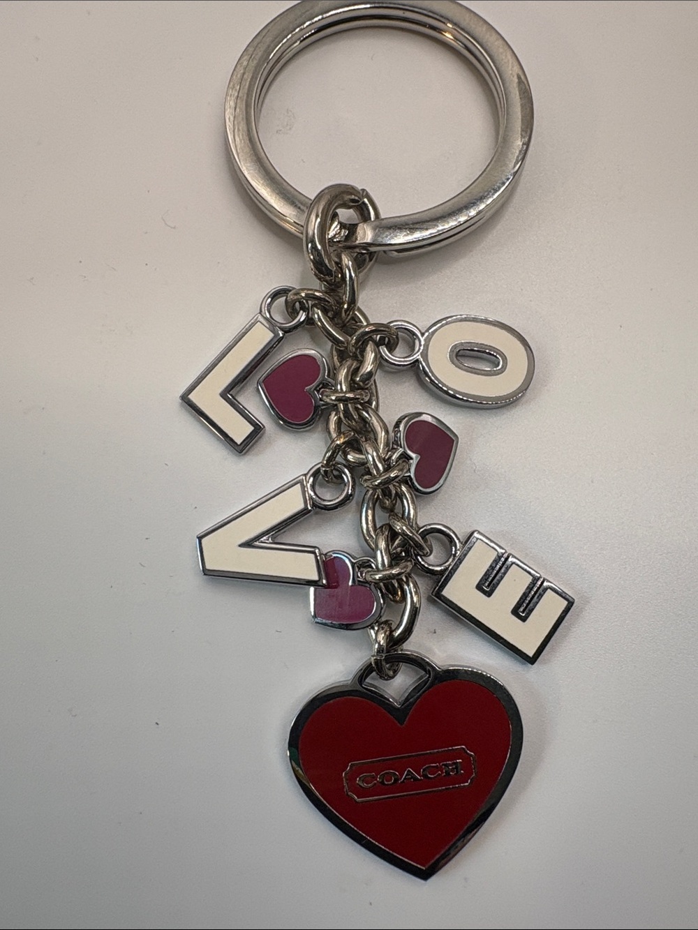 Coach Silver-Tone LOVE Charm Key Ring with Red Heart